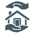 An icon of a house with a set of hands, one hand on top of the house, one under the house.